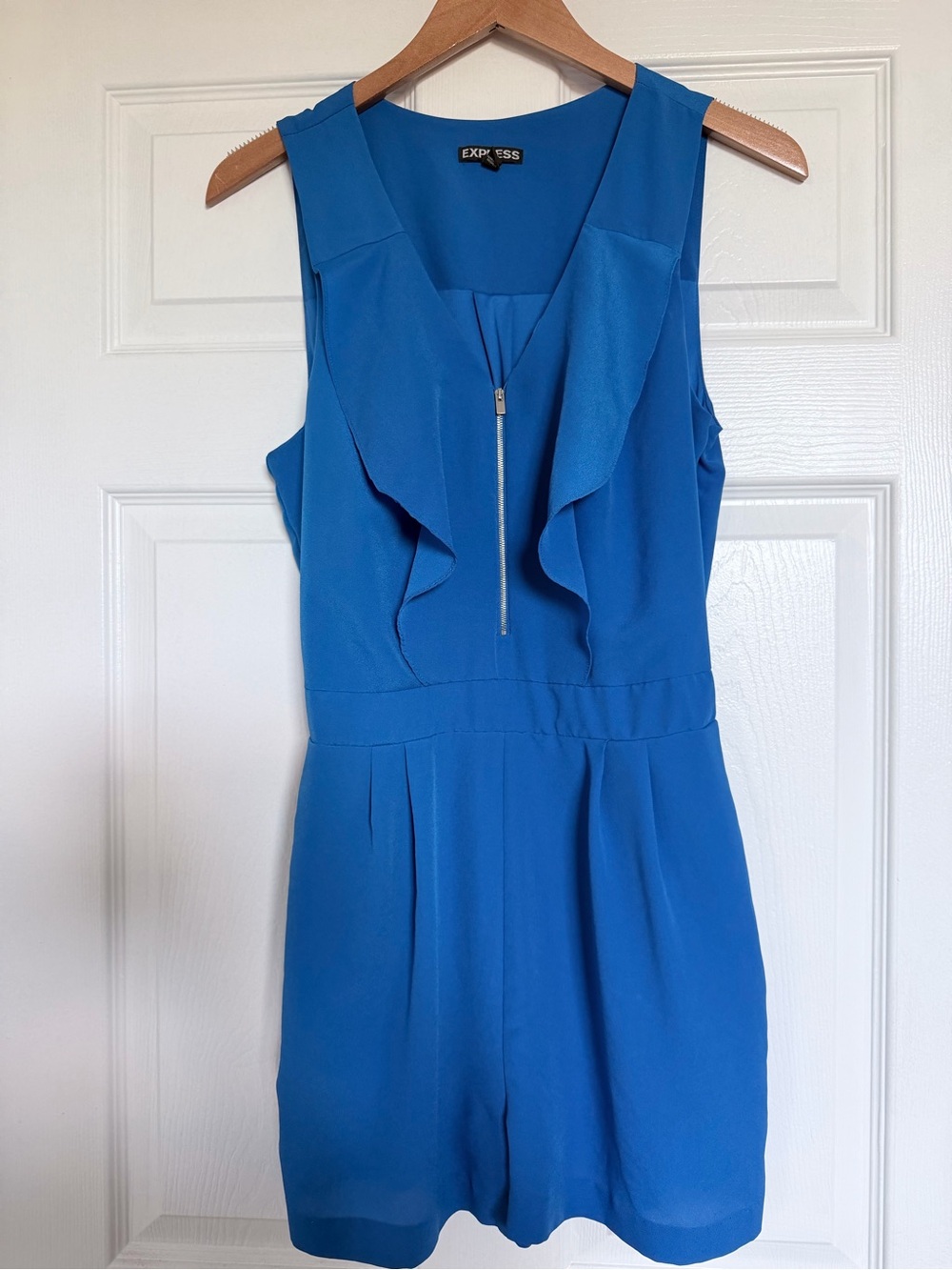 Express Blue Sleeveless Zip-Front Romper with Ruffle